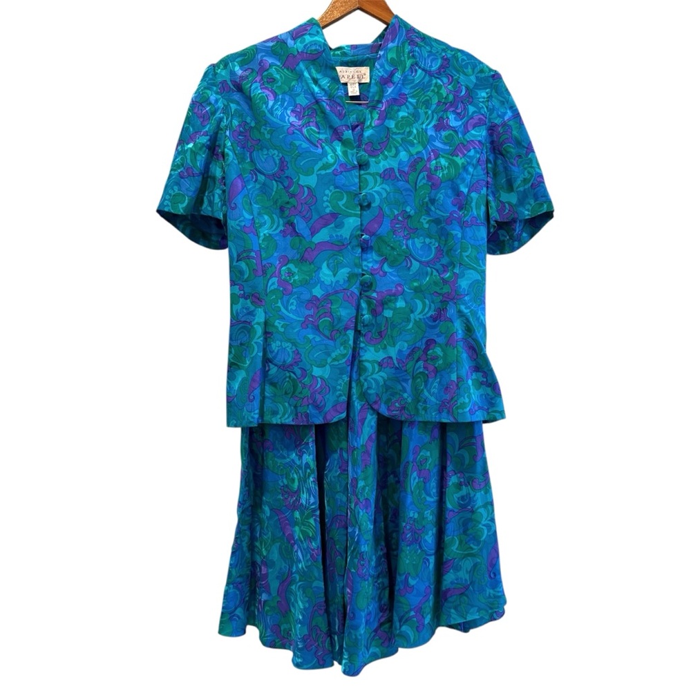 Adrianna Papell Vintage Silk Skirt Suit Paisley Blue Green Purple Fitted‎ Size 8